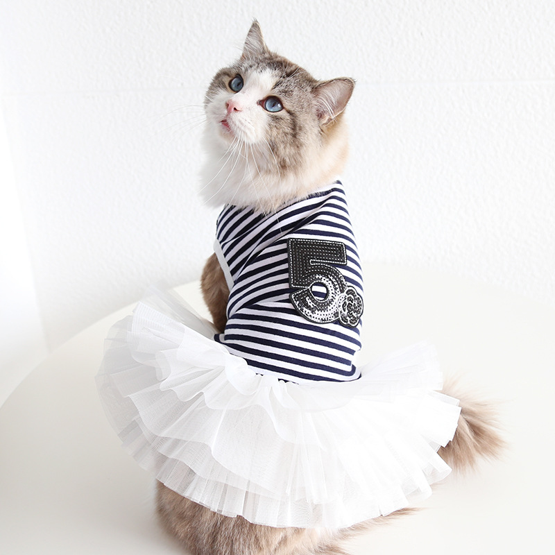 Pet Costume Dress Nautical Striped Top with Tulle Skirt for Dogs And Cats